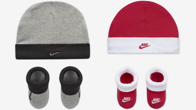 Nike Baby Hat and Booties Set in Dark Grey Heather on the Left and Rush Pink on the Right