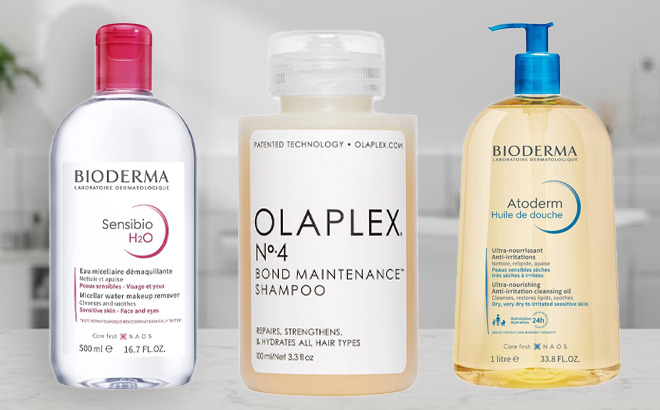 Olaplex no4 on Left Bioderma Micellar Watter in the Middle and Bioderma Cleansing Oil on Right