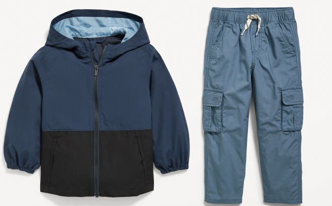 Old Navy Boys Water Resistant Color Block Hooded Jacket on Left and Old Navy Boys Blue Cargo Pants on Right