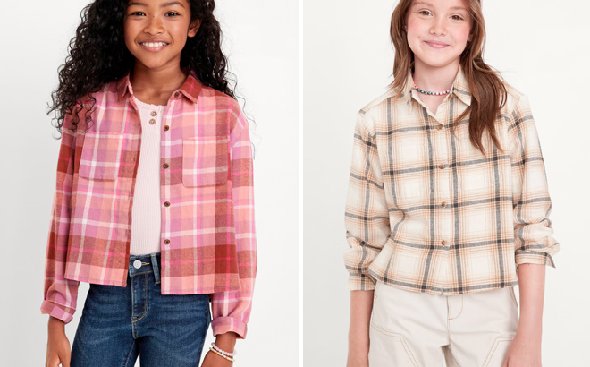 Old Navy Cropped Long Sleeve Plaid Pocket Flannel Shirt for Girls