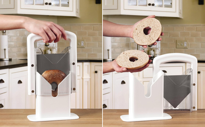 Person Using Hoan The Original Bagel Guillotine Universal Slicer in White