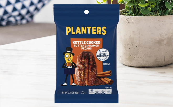 Planters Kettle Cooked Butter Cinnamon Pecans Bag on a Table