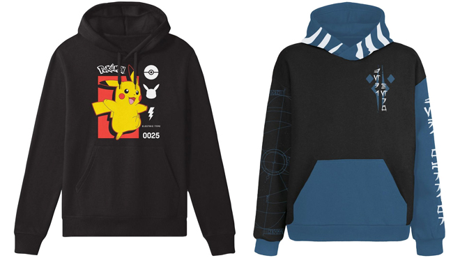 Pokemon Pikachu Pullover Hoodie on the Left and Star Wars Ahsoka Jedi Warrior Hoodie on the Right