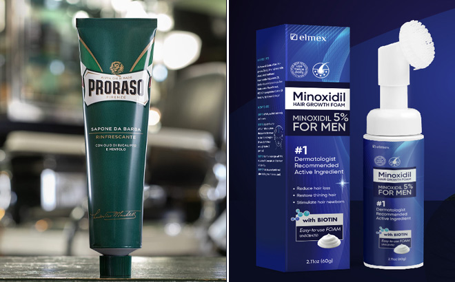 Proraso Mens Refreshing Shaving Cream on Left and 5 Minoxidil Foam for Men on Righr