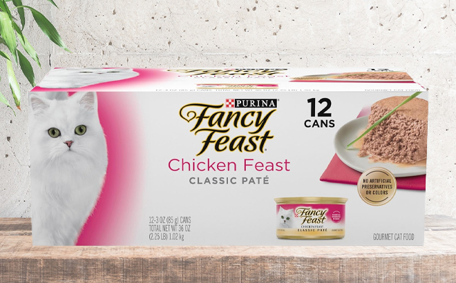 Purina Fancy Feast Chicken Feast Classic Pate Collection Grain Free Wet Cat Food on a Table