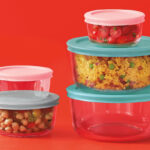 Pyrex Simply Store 10 Piece Glass Storage Set on a Red Background