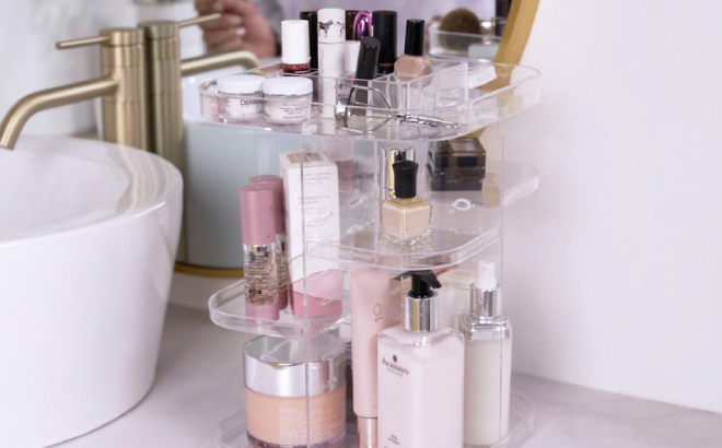 Rotating Cosmetic Organizer Filled with a Variation of Makeup