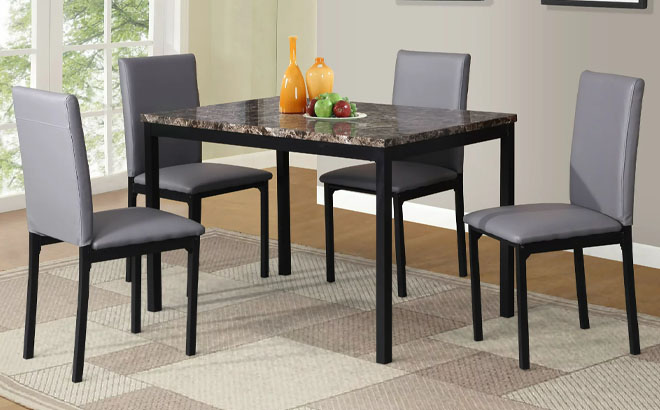 Roundhill Furniture Citico 5Pc Dining Set with Laminated Faux Marble Top Gray