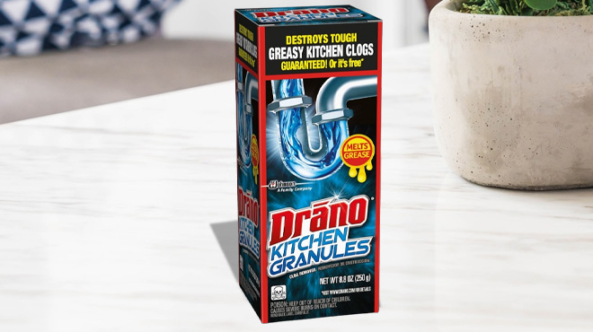 SC Johnson Drano Kitchen Granules Drain Clog Remover on a Table