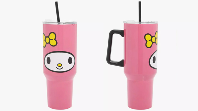 Sanrio My Melody Stainless Steel Travel Cup on the Left and Side View of the Same Item on the Right