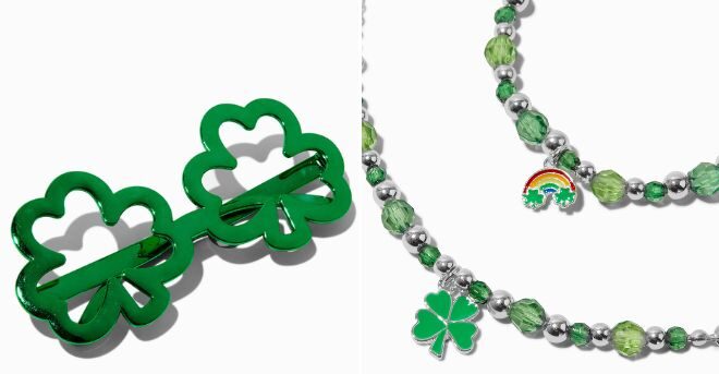 Shamrock Shaped Party Glasses and St Patricks Day Charms Necklace Bracelet Set