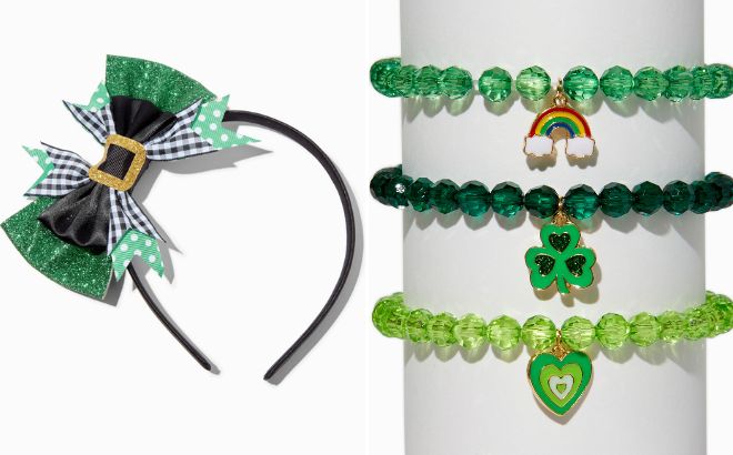 St Patricks Day Leprechaun Bow Headband and Charm Bracelets