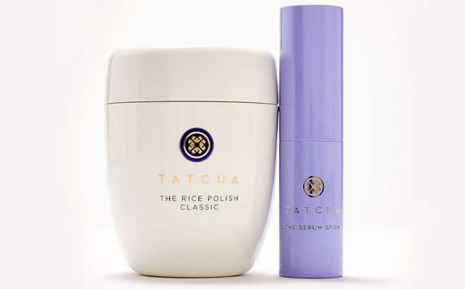 Tatcha Rice Polish Serum Stick Set on a Beige Background