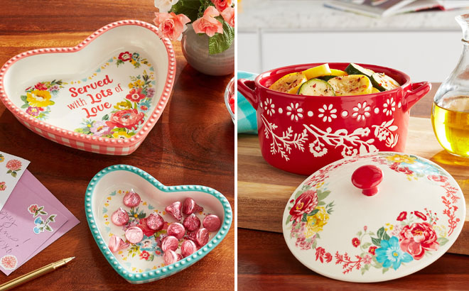 The Pioneer Woman 2 Piece Heart Shaped Ceramic Dish and Fancy Flourish Round Ceramic Casserole Dish with Lid