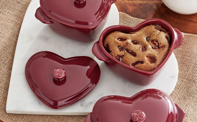 The Pioneer Woman Mini Hearts Ceramic Baking Dish with Lid on a Table