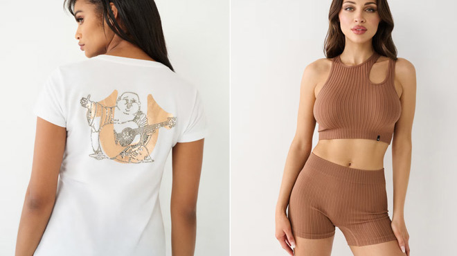 True Religion Crystal Buddha V Tee on the left and True Religion Seamless Cut Out Top on the right