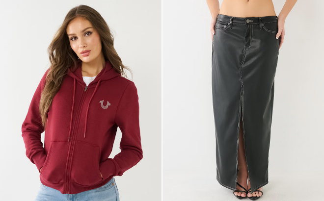 True Religion Crystal Horseshoe Logo Zip Hoodie and Faux Leather Maxi Skirt