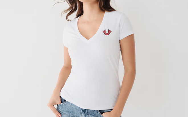 True Religion Crystal Horseshoe V Tee in white color