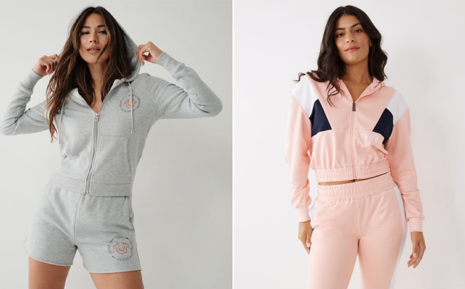 True Religion Crystal zip Hoodie in Gray and Color Block Crop Zip Hoodie in Pink