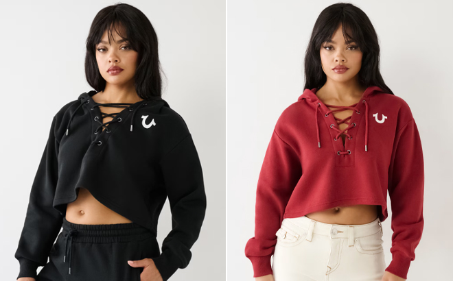 True Religion Lace Up Logo Crop Hoodie in Black and Red