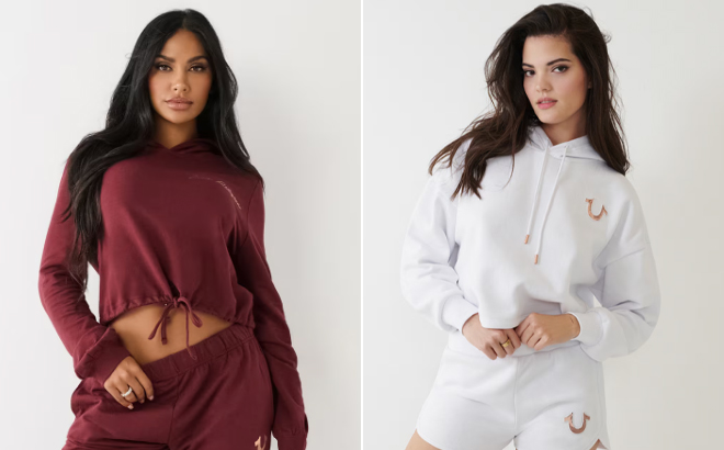 True Religion Logo Crop Hoodie in Burgundy and Buddha Crop Hoodie in White