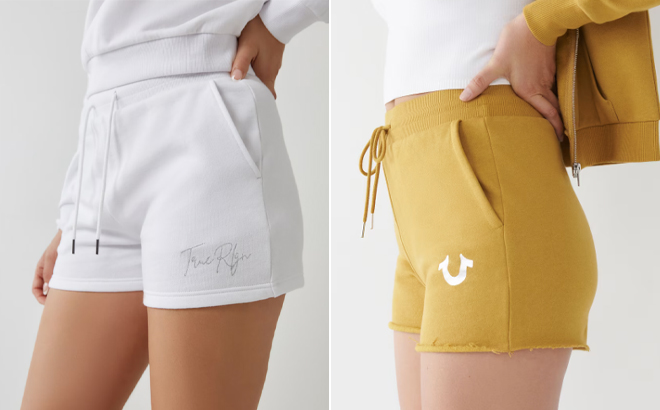 True Religion Logo Sweat Shorts in White and Yellow