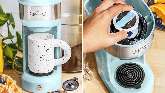 Two Images Featuring BELLA Dual Brew Single Serve Coffee Maker in Aqua Color