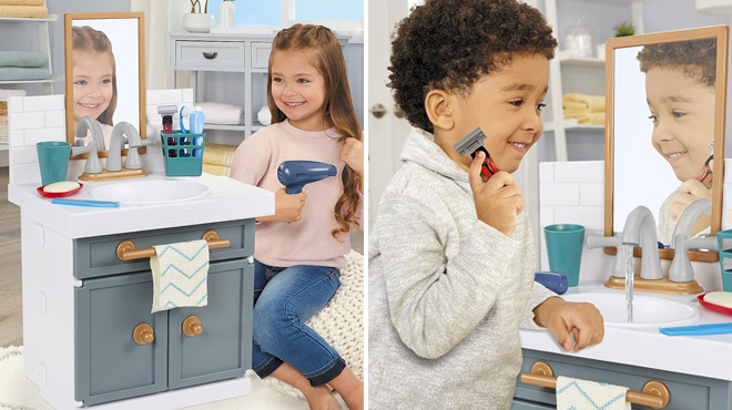 Two Images of Kids Playing with Little Tikes First Bathroom Sink Set