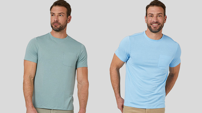 Two Images of a Model Wearing 32 Degrees Crew Pocket T Shirt