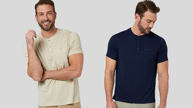 Two Images of a Model Wearing 32 Degrees Henley Pocket T Shirt