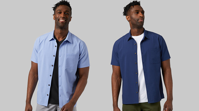 Two Images of a Model Wearing 32 Degrees Shirt in Blue on the Left and Navy on the Right