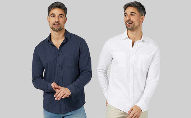 Two Images of a Model Wearing 32 Degrees Shirt in Navy on the Left and White on the Right