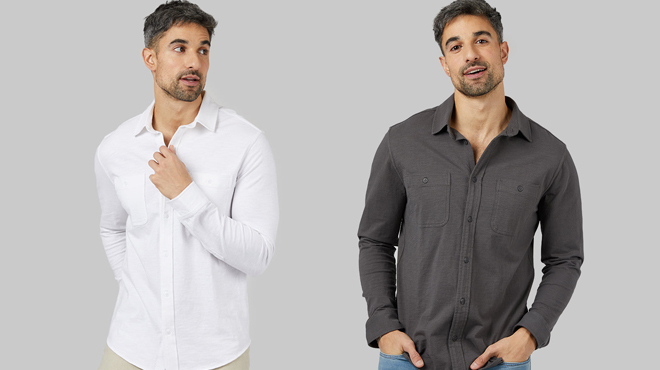 Two Images of a Model Wearing 32 Degrees Shirt in White on the Left and Iron on the Right