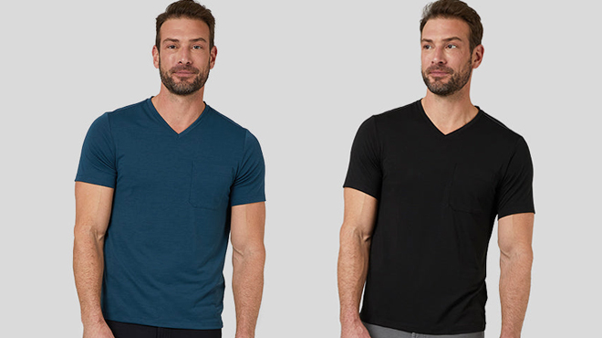 Two Images of a Model Wearing 32 Degrees V Neck Pocket T Shirt