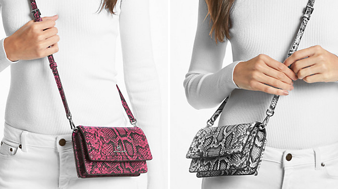 Two People Wearing Michael Kors Jet Set Small Snake Crossbody Bags