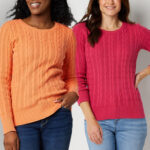 Two Person Wearing Different Colors of St Johns Bay Womens Crew Neck Long Sleeve Cable Knit Pullover Sweater