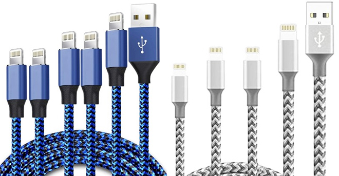 Two Sets of Nylon Braided 5 Pack Lightning Charging Cables