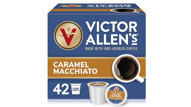 Victor Allens Coffee K Cups Caramel Macchiato Pack on White Background