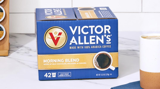 Victor Allens Coffee K Cups Morning Blend 42 Count Pack on Kitchen Counter