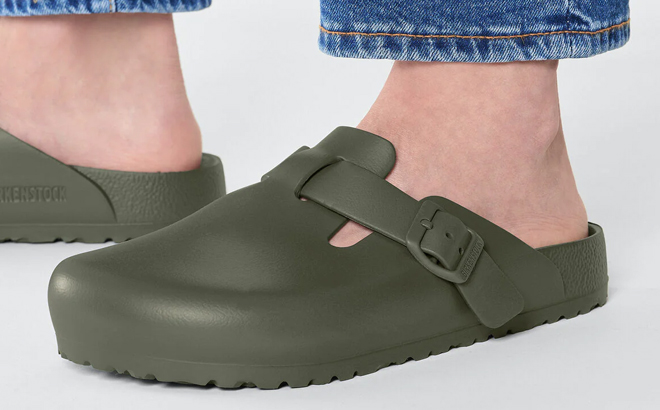 Woman Wearing Birkenstock Boston Eva Clogs in Khaki