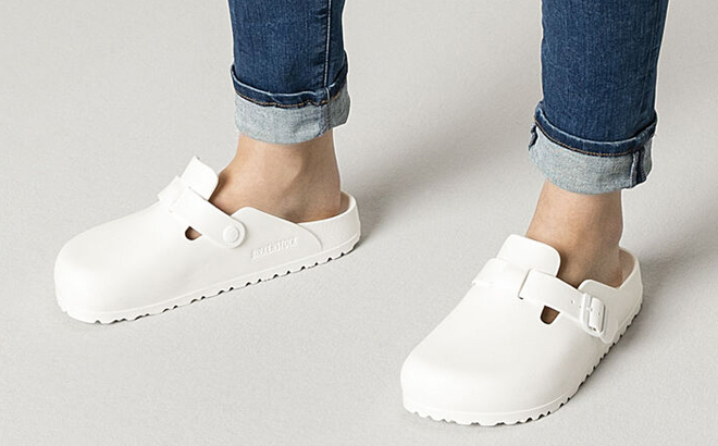 Woman Wearing Birkenstock Boston Eva Clogs in White