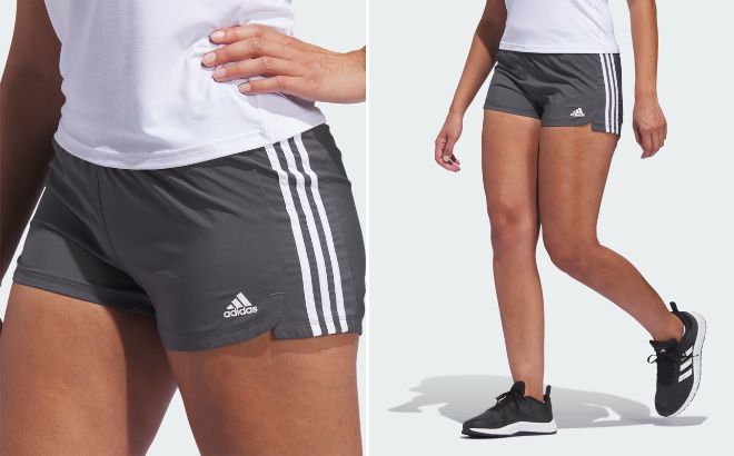 Woman is Wearing Adidas Pacer 3 Stripes Woven Womens Shorts in Gery Six Color