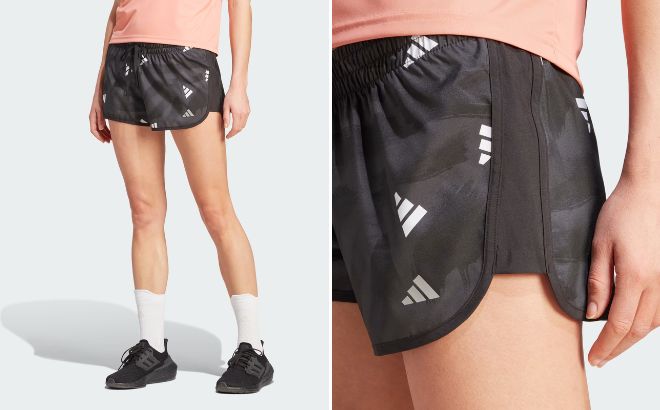 Woman is Wearing Adidas Run It Brand Love Womens Shorts in Black Color