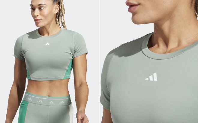 Woman is Wearing Adidas Training Colorblock Crop Top in Silver Green Color