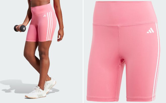 Woman is Wearing Adidas Training Essentials 3 Stripes High Waisted Short Leggings in Pink Fusion Color