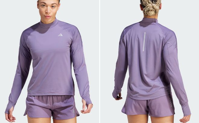 Woman is Wearing Adidas Ultimate Sweatshirt in Shadow Violet Color