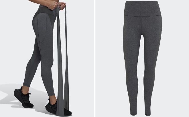 Woman is Wearing Adidas Yoga Studio Leggings in Dark Grey Heather Color