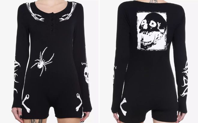 Woman is Wearing Bones Dagger Spider Long Sleeve Lounge Romper