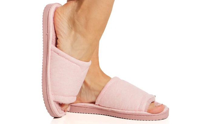 Woman is Wearing Dearfoams Womens Demi Rib Knit Slides