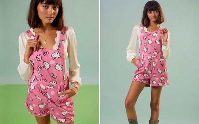 Woman is Wearing Hello Kitty Pink Scuba Shortalls